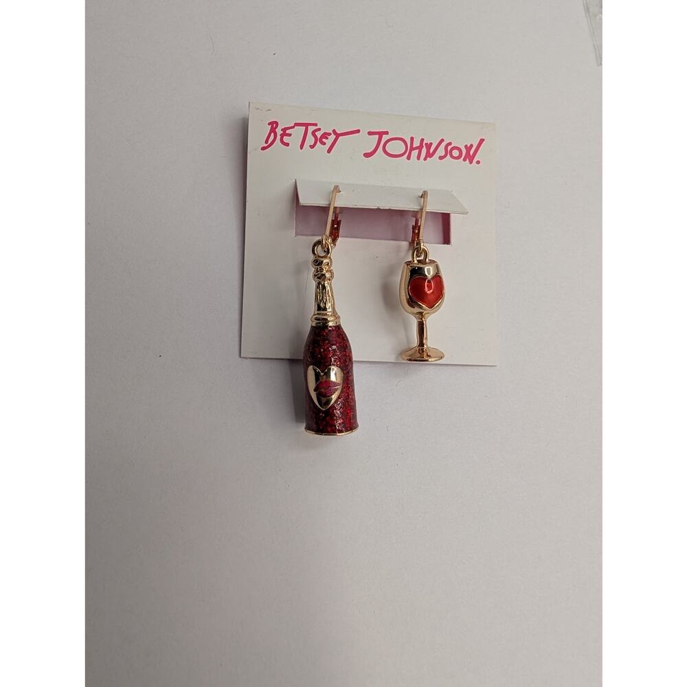Betsey Johnson Red Glitter Champagne Bottle & Glass Leverback Drop Earrings New